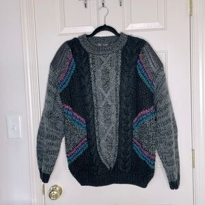 Vintage Street Scenes Chunky Cable Knit Sweater Gray Multicolor 80s 90s | XL